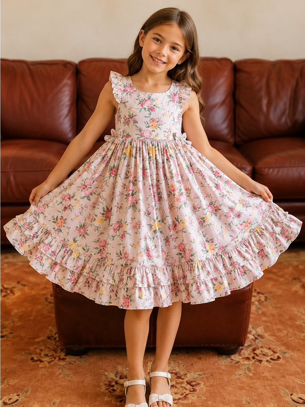 Janie and Jack White Floral Ruffle Dress with Pink and Yellow Roses
